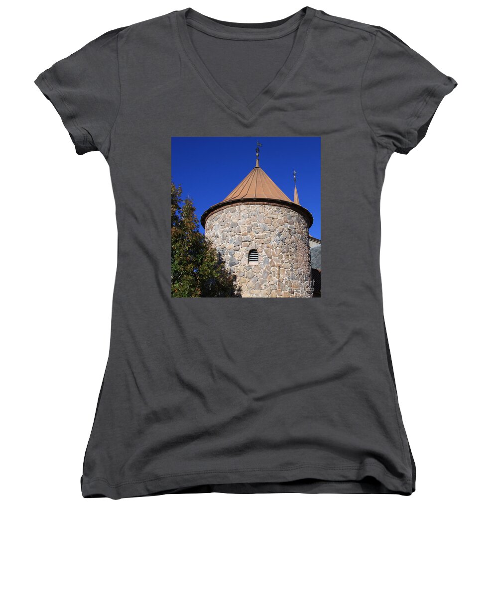 Architecture Women's V-Neck featuring the pyrography Stone Tower by Chris Thomas