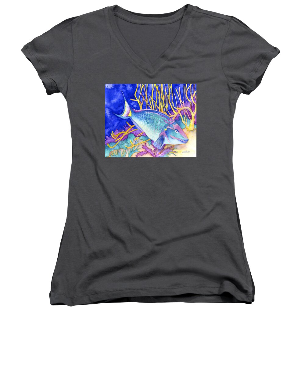 Parrotfish Women's V-Neck featuring the painting Stoplight Parrotfish by Pauline Walsh Jacobson