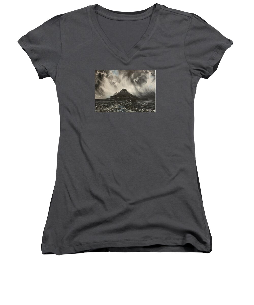 St Michaels Mount Women's V-Neck featuring the painting Storm Over St Michaels Mount Cornwall by Jean Walker