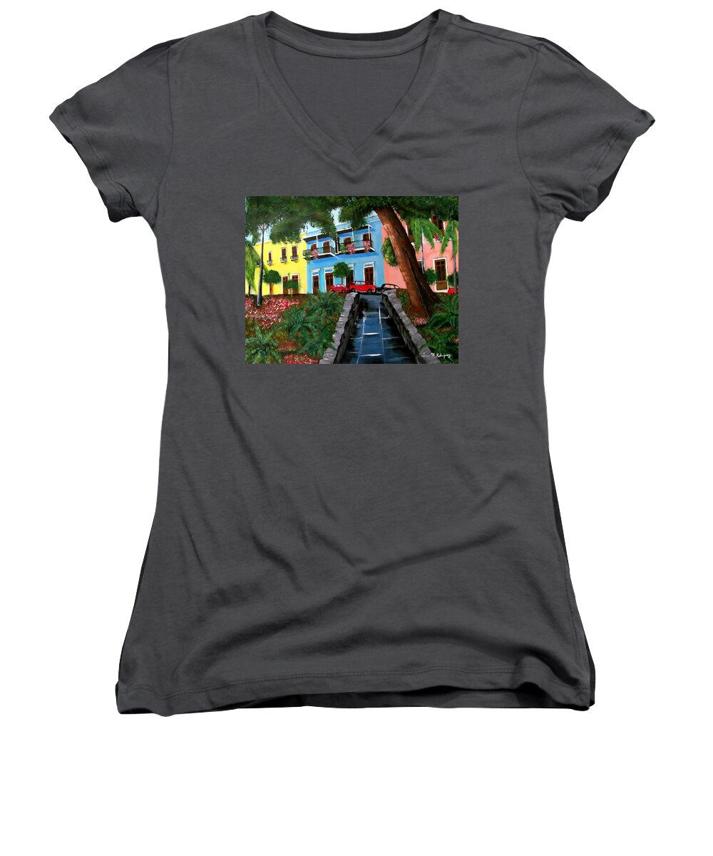 Old San Juan Women's V-Neck featuring the painting Street Hill In Old San Juan by Luis F Rodriguez