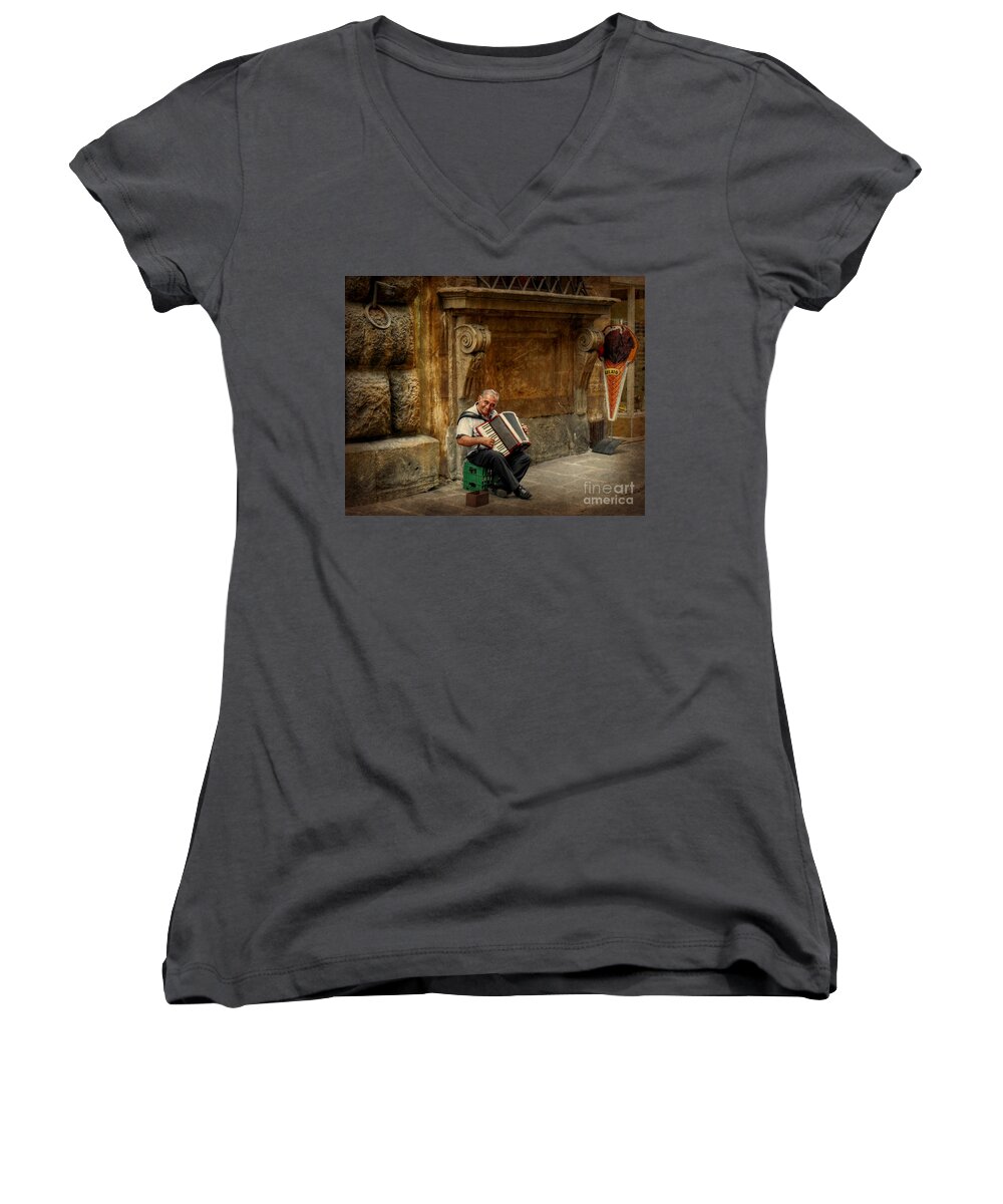 Italy Women's V-Neck featuring the digital art Street Music by Valerie Reeves