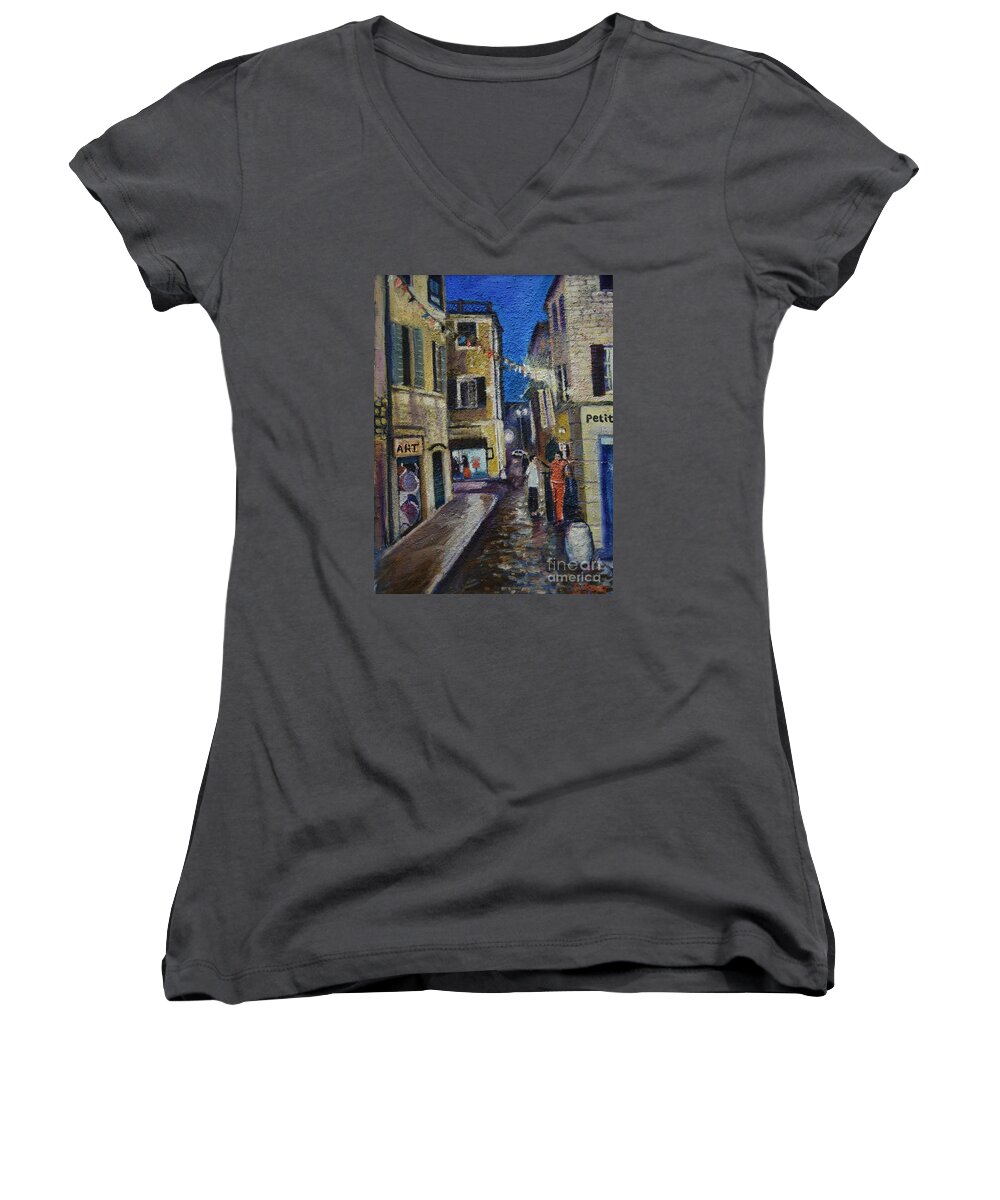 Oil Painting On Canvas Women's V-Neck featuring the painting Street View Provence 2 by Raija Merila