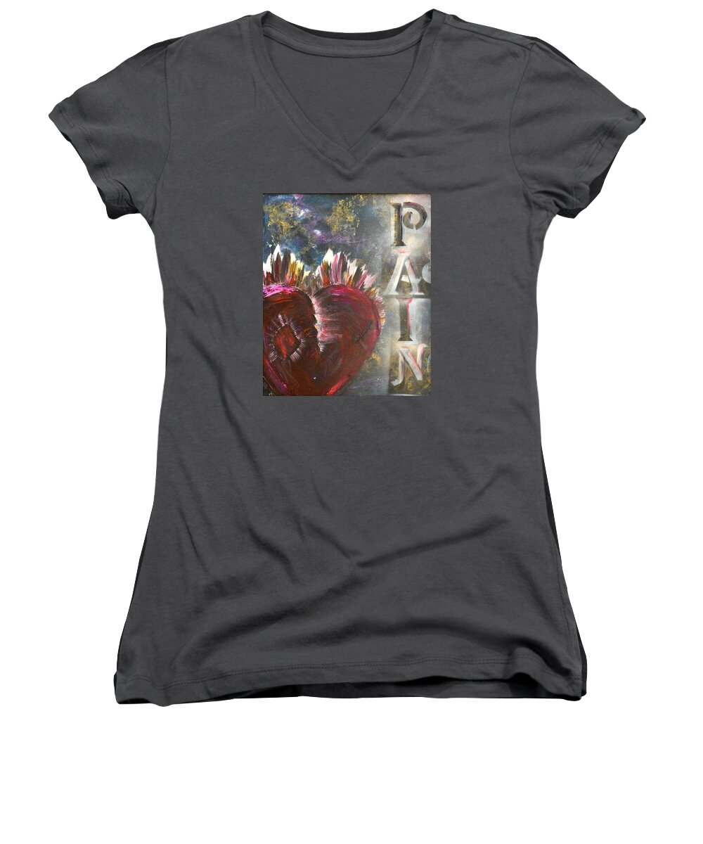 Heart Women's V-Neck featuring the painting Striking Pain by Meganne Peck