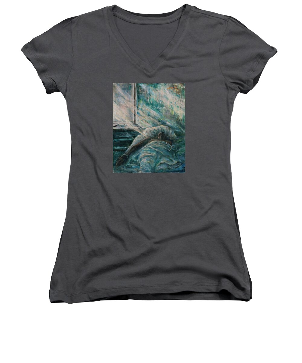Figurative Women's V-Neck featuring the painting Struggling... by Xueling Zou