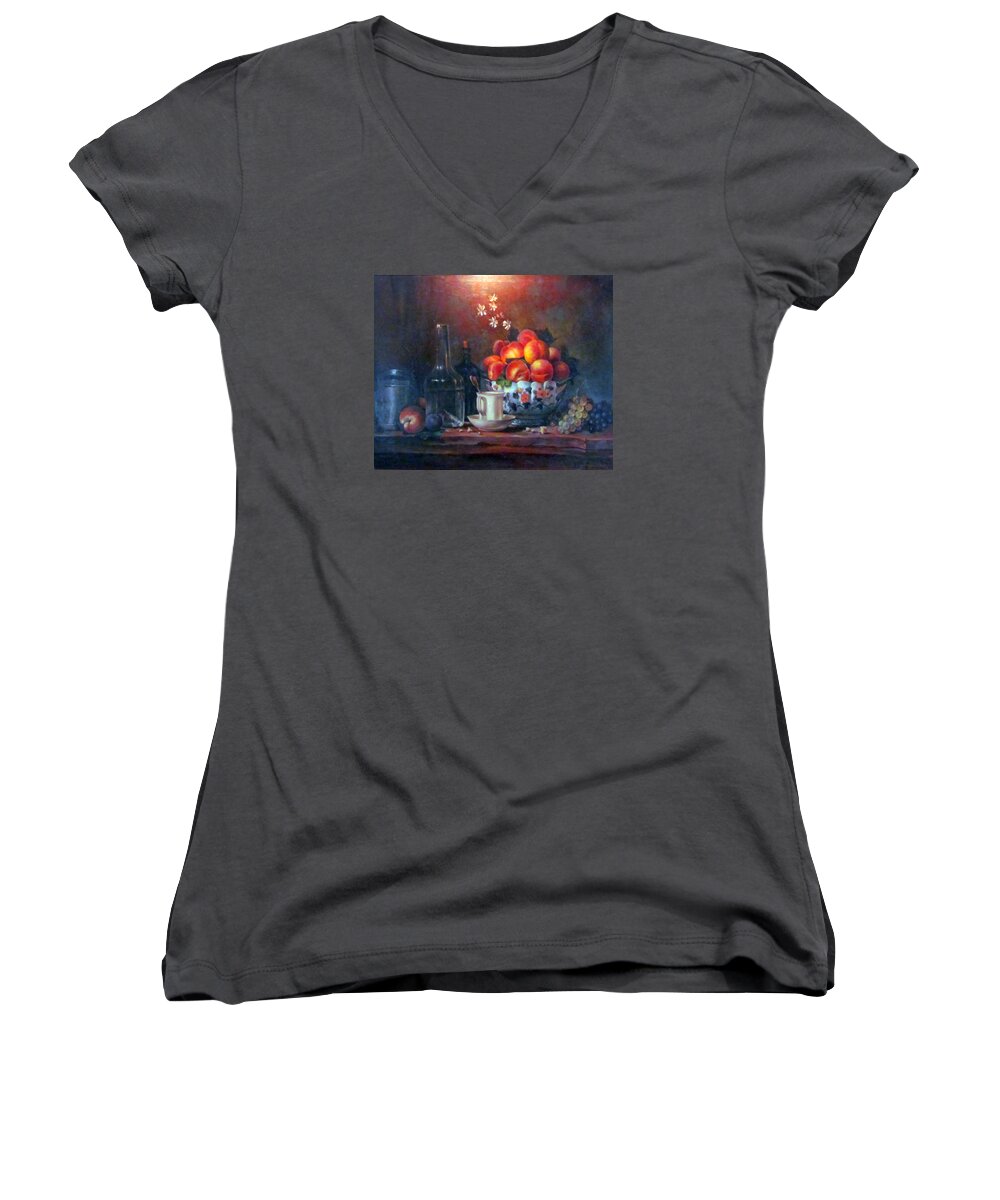 Peaches Women's V-Neck featuring the painting Study of Peaches by Donna Tucker