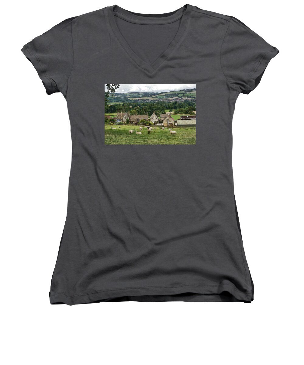 Farm Women's V-Neck featuring the photograph Sudeley Hill Farm by Ron Harpham