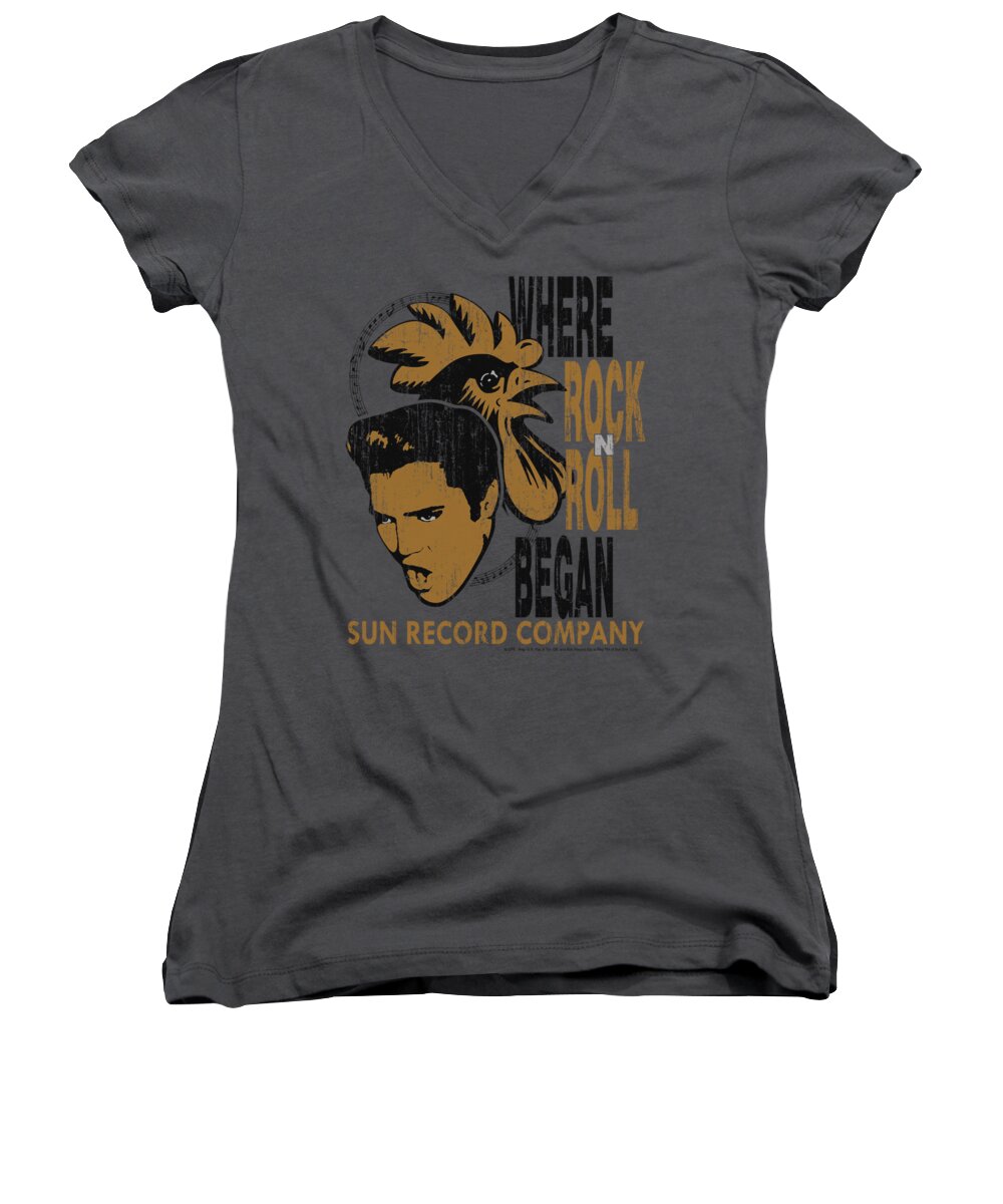 Sun Record Company Women's V-Neck featuring the digital art Sun - Elvis And Rooster by Brand A