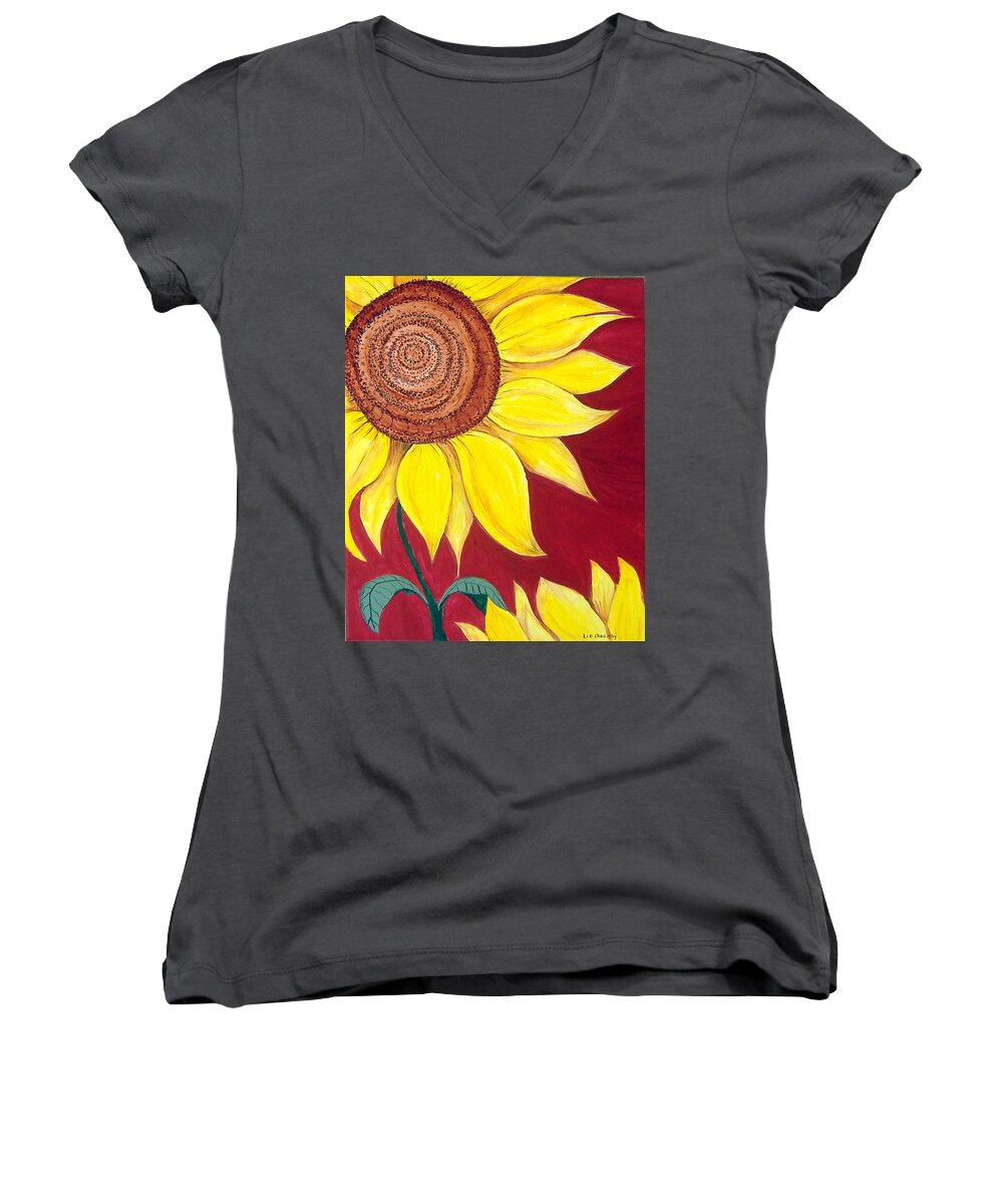 Sunflower Women's V-Neck featuring the painting Sunflower on Red by Lee Owenby