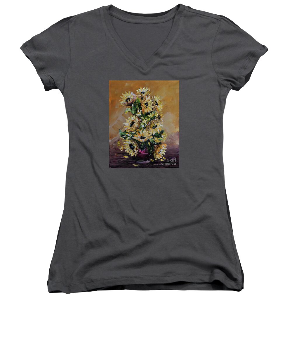 Still Life Women's V-Neck featuring the painting Sunflowers For You by Teresa Wegrzyn