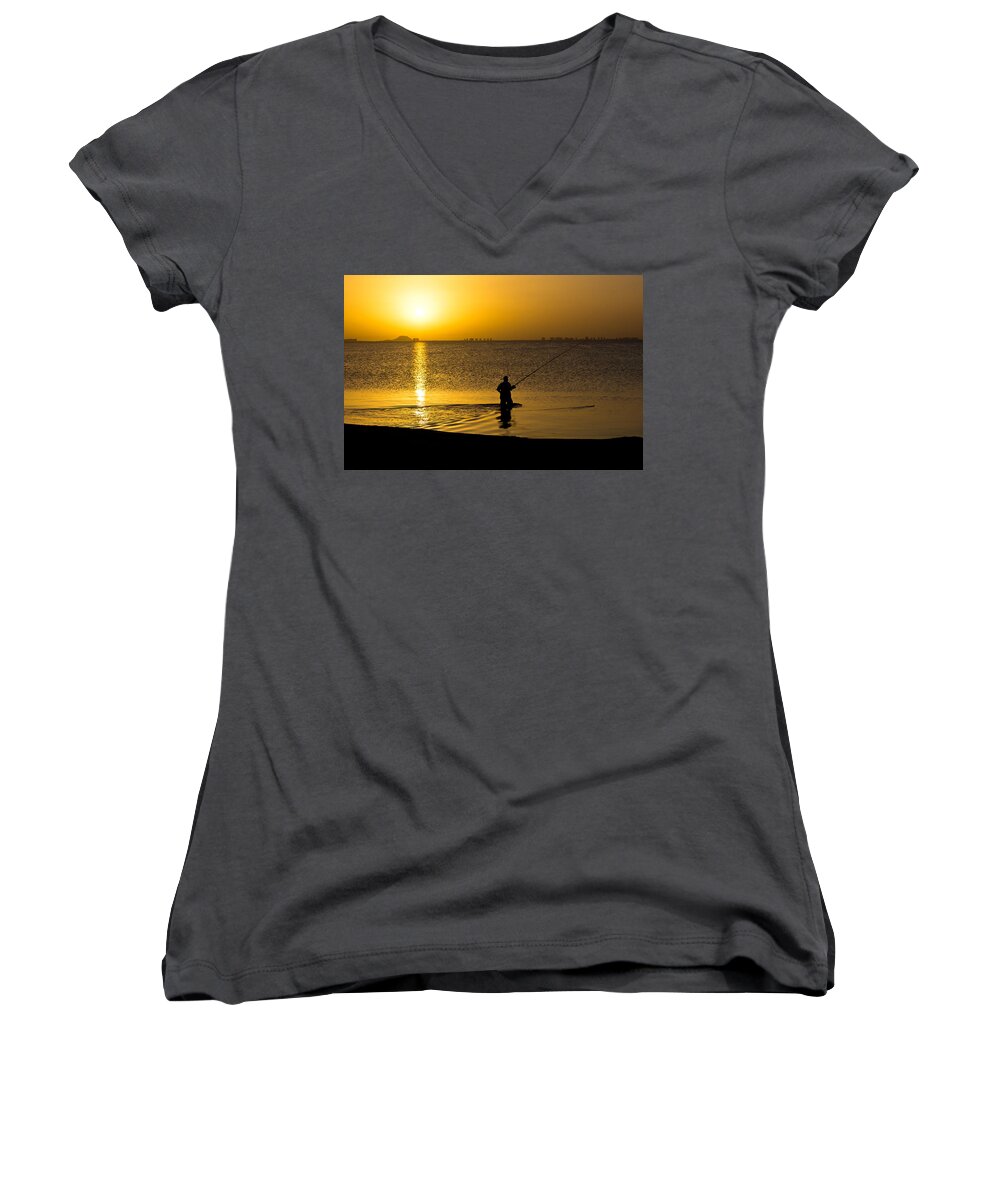 Sunrise Women's V-Neck featuring the photograph Sunrise fishing by Scott Carruthers