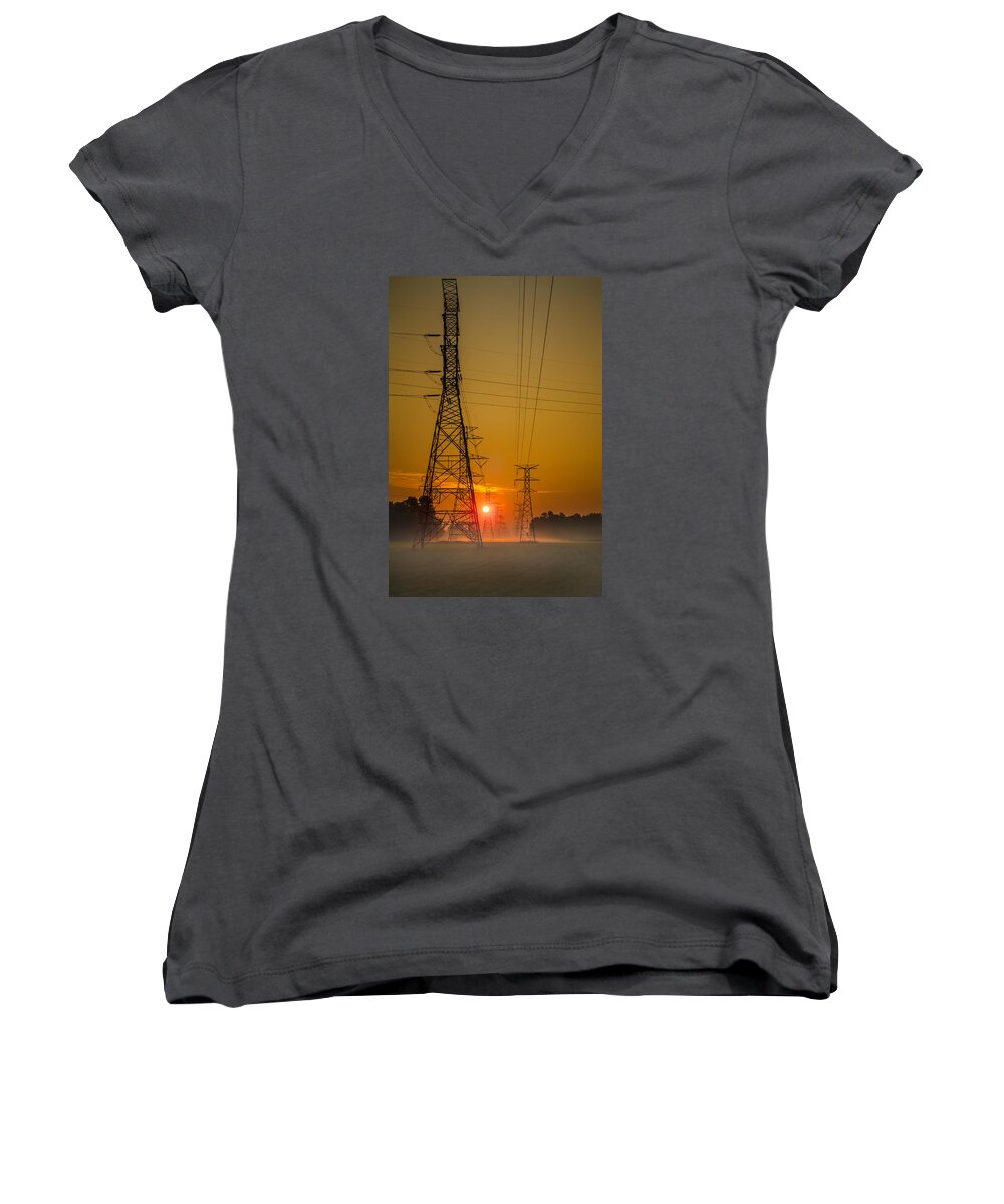 Art Women's V-Neck featuring the photograph High Voltage Sunrise by Ron Pate