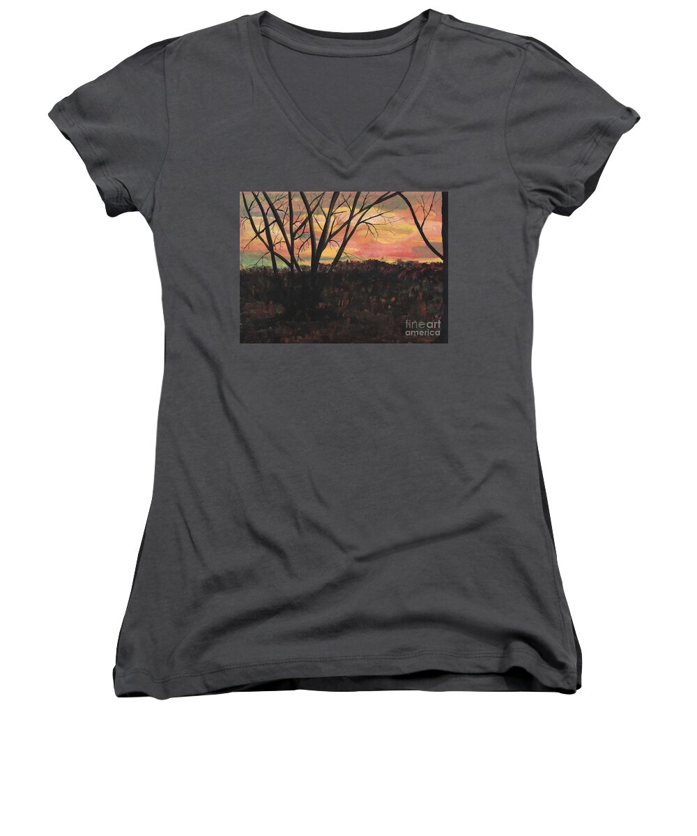 Landscape Painting - Scenery - Sunset With Beautiful Color Sky Of Pink Green Purples Blue And Foreground In Dark Colors With A Hint Of The Sky Colors With Trees In The Picture- Red Women's V-Neck featuring the painting Sunset At Spring City Tenn by Myrtle Joy