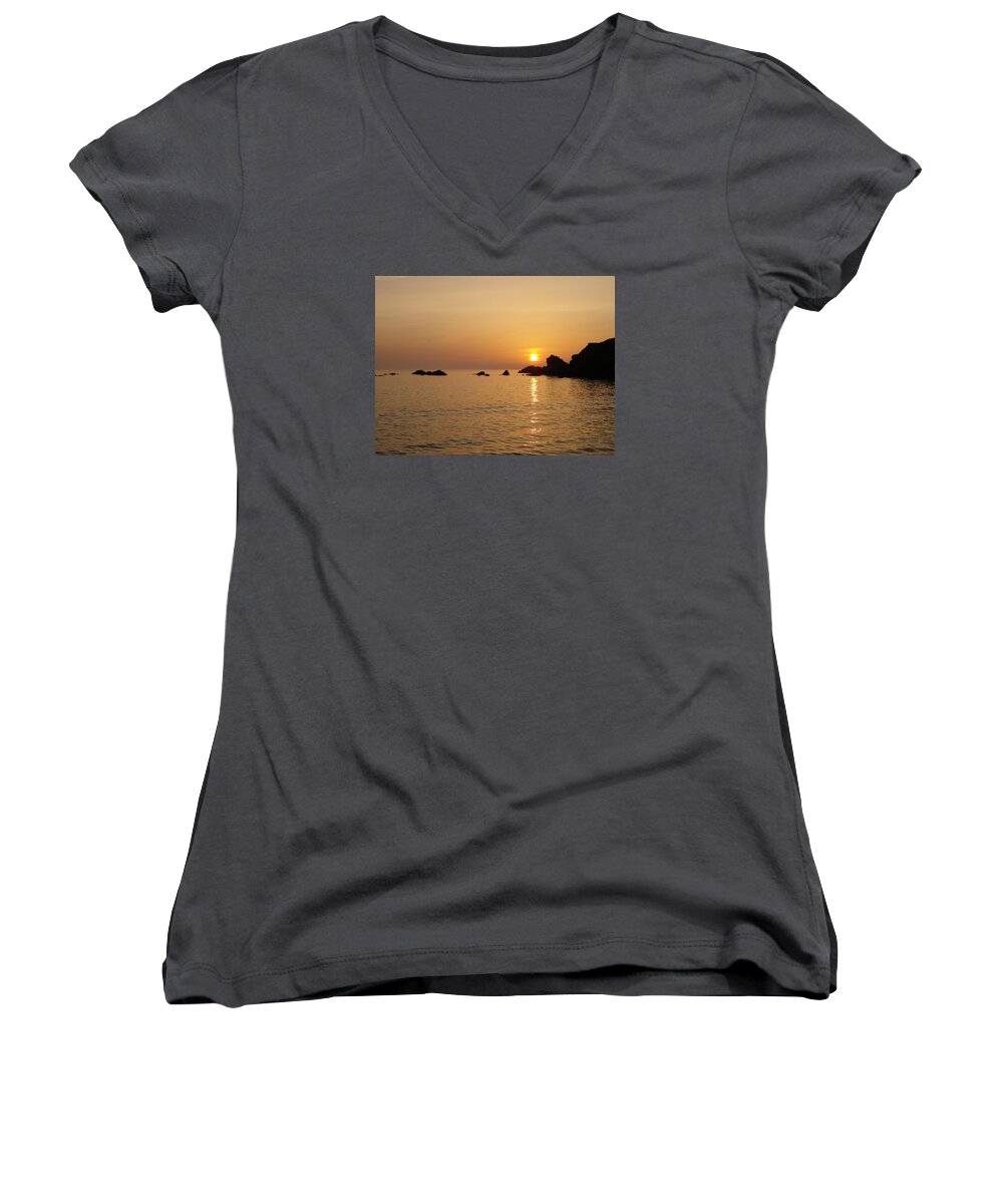 Sunset Women's V-Neck featuring the photograph Sunset Crooklets Beach Bude Cornwall by Richard Brookes