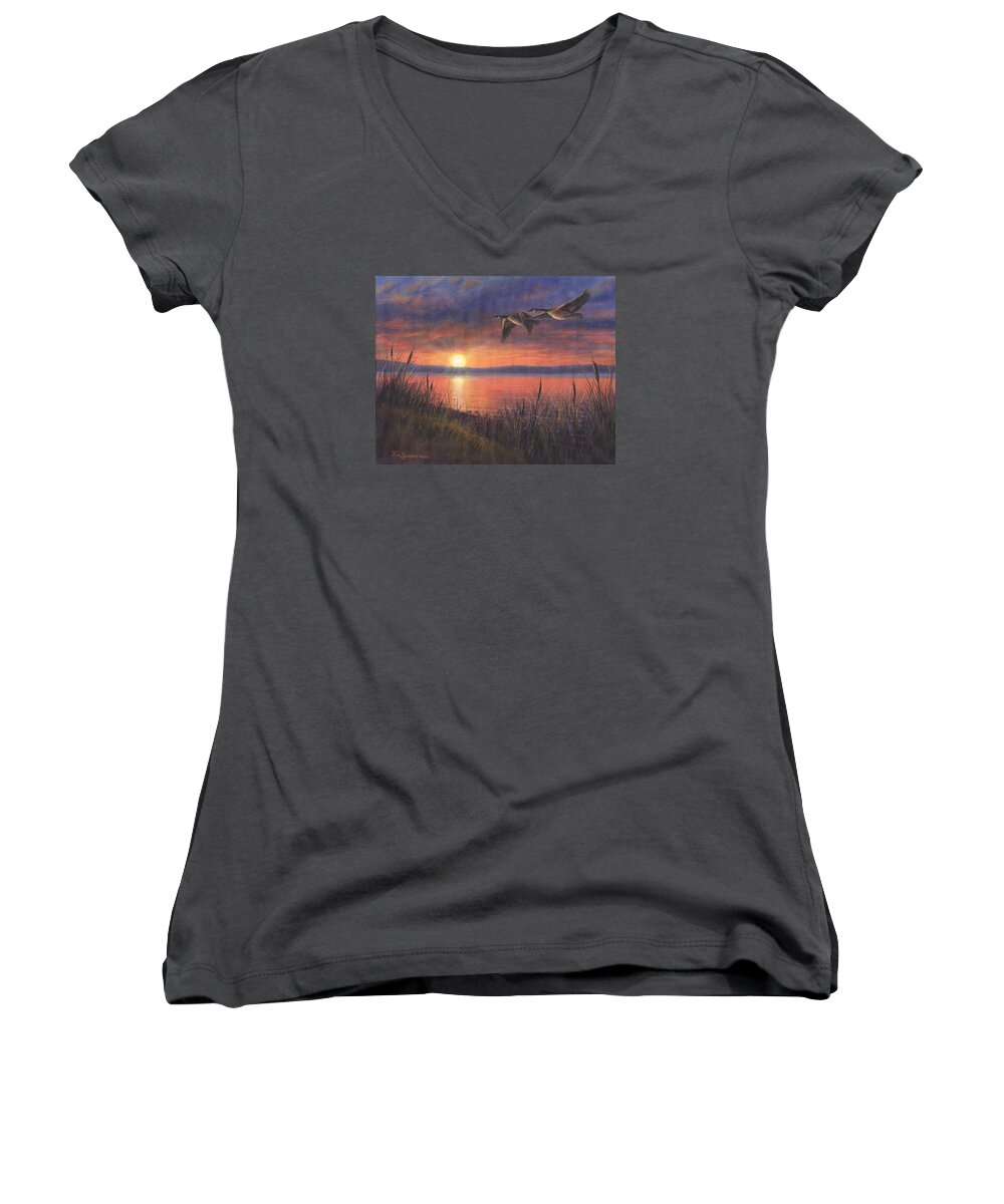 Landscape Women's V-Neck featuring the painting Sunset Flight by Kim Lockman