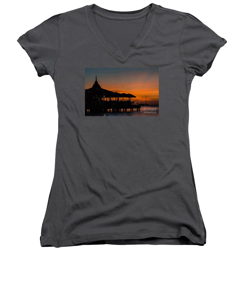 Pelican Pier Women's V-Neck featuring the photograph Sunset From Pelican Pier by Judy Wolinsky