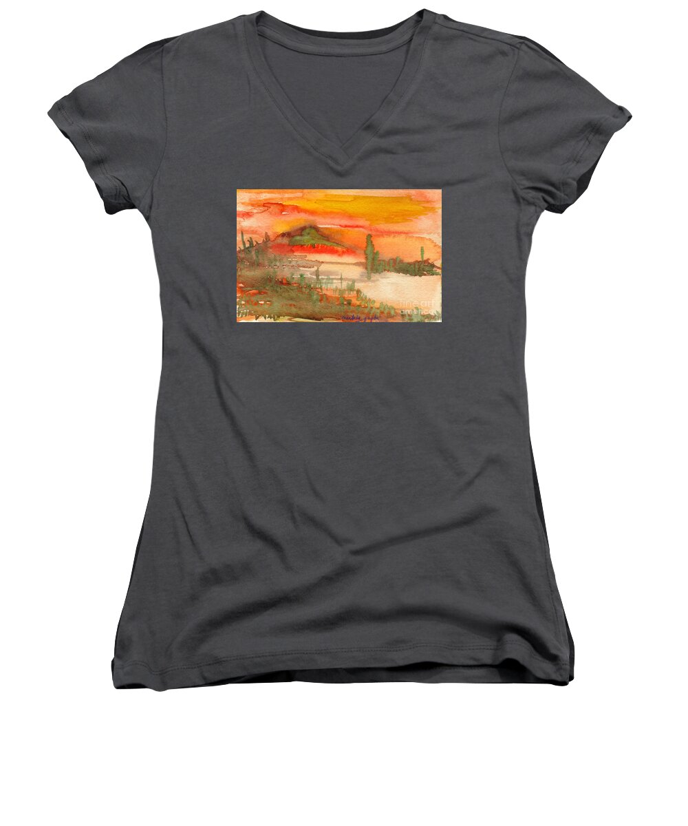 Sunset Women's V-Neck featuring the painting Sunset in Saguaro Desert by Mukta Gupta