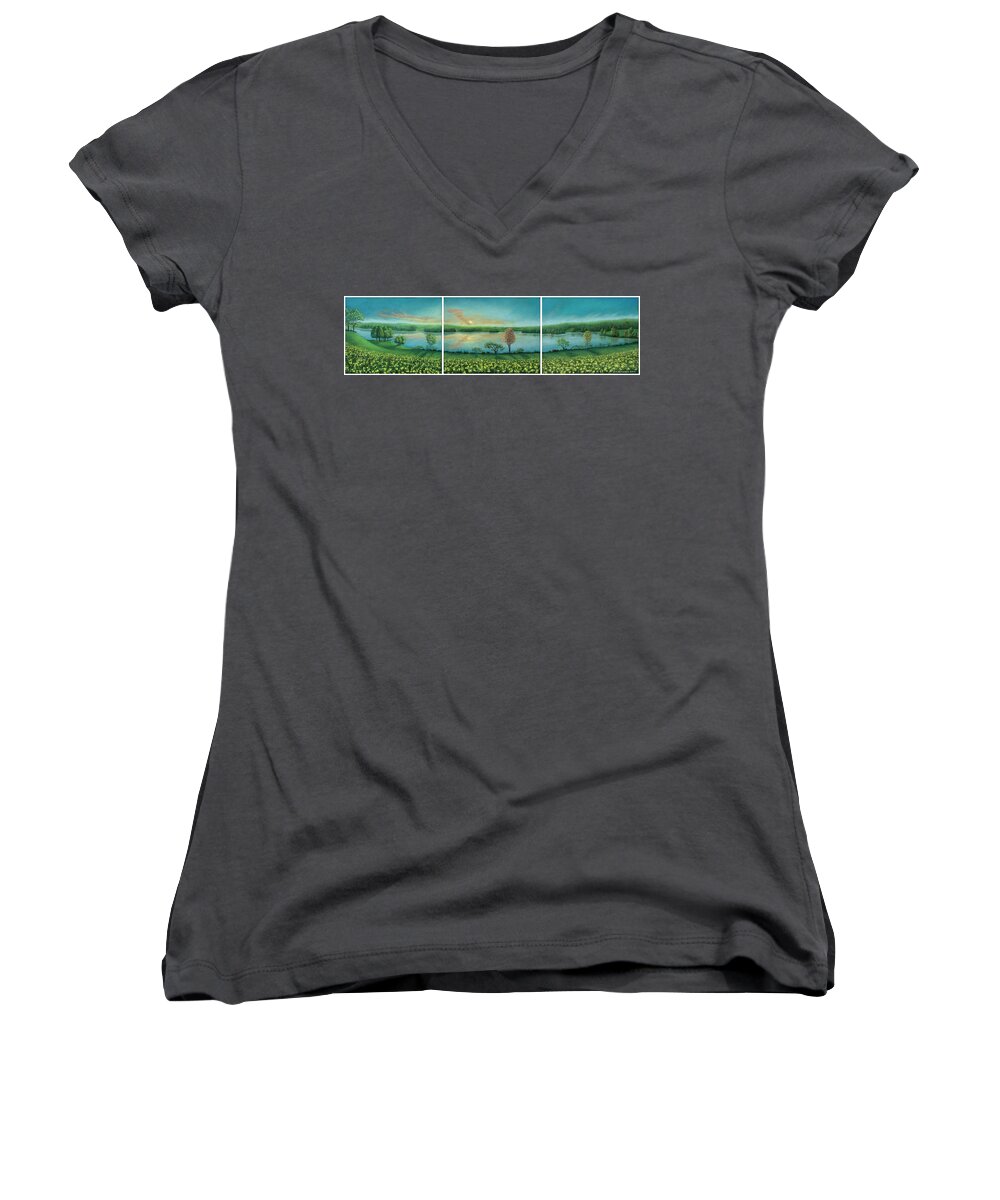Sunset Women's V-Neck featuring the pastel Sunset Lake Triptych by Michael Heikkinen