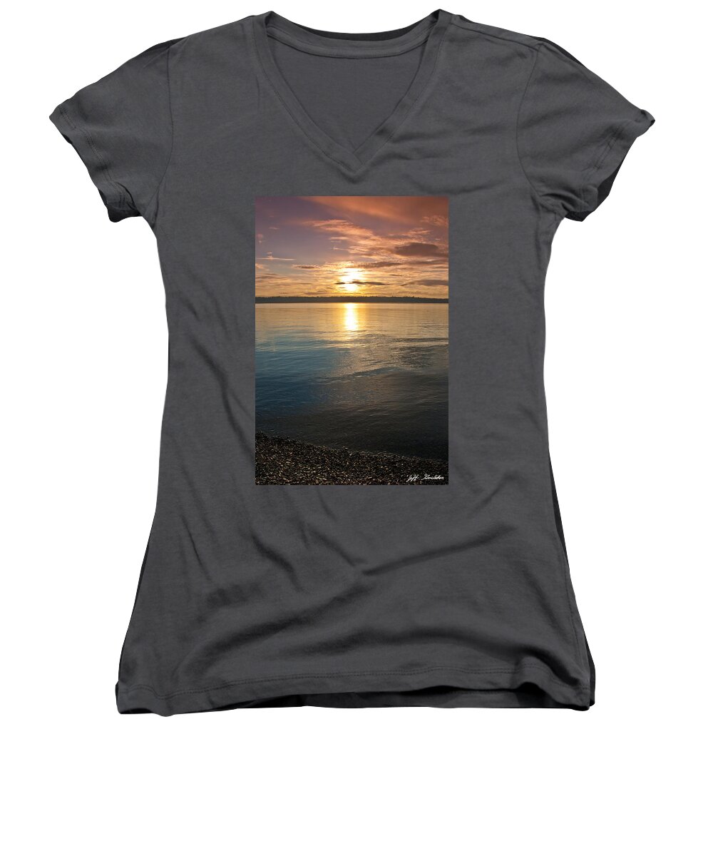 Beauty In Nature Women's V-Neck featuring the photograph Sunset Over Puget Sound by Jeff Goulden