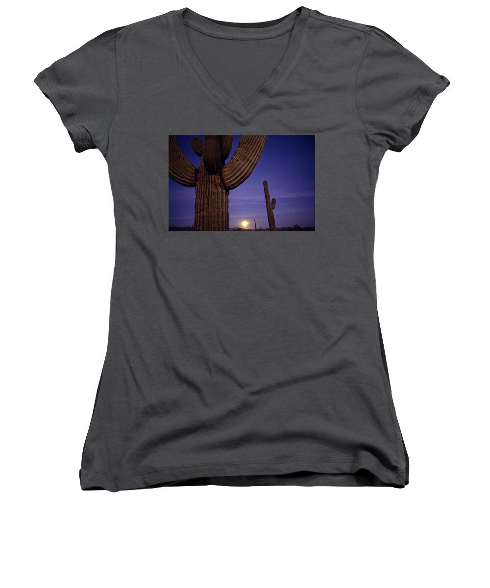 American Southwest Women's V-Neck featuring the photograph Sunset with moonise behind Saguaro Cactus in desert Southwest Ar by Jim Corwin