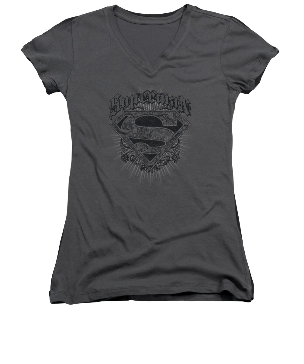 Superman Women's V-Neck featuring the digital art Superman - Scrolling Shield by Brand A