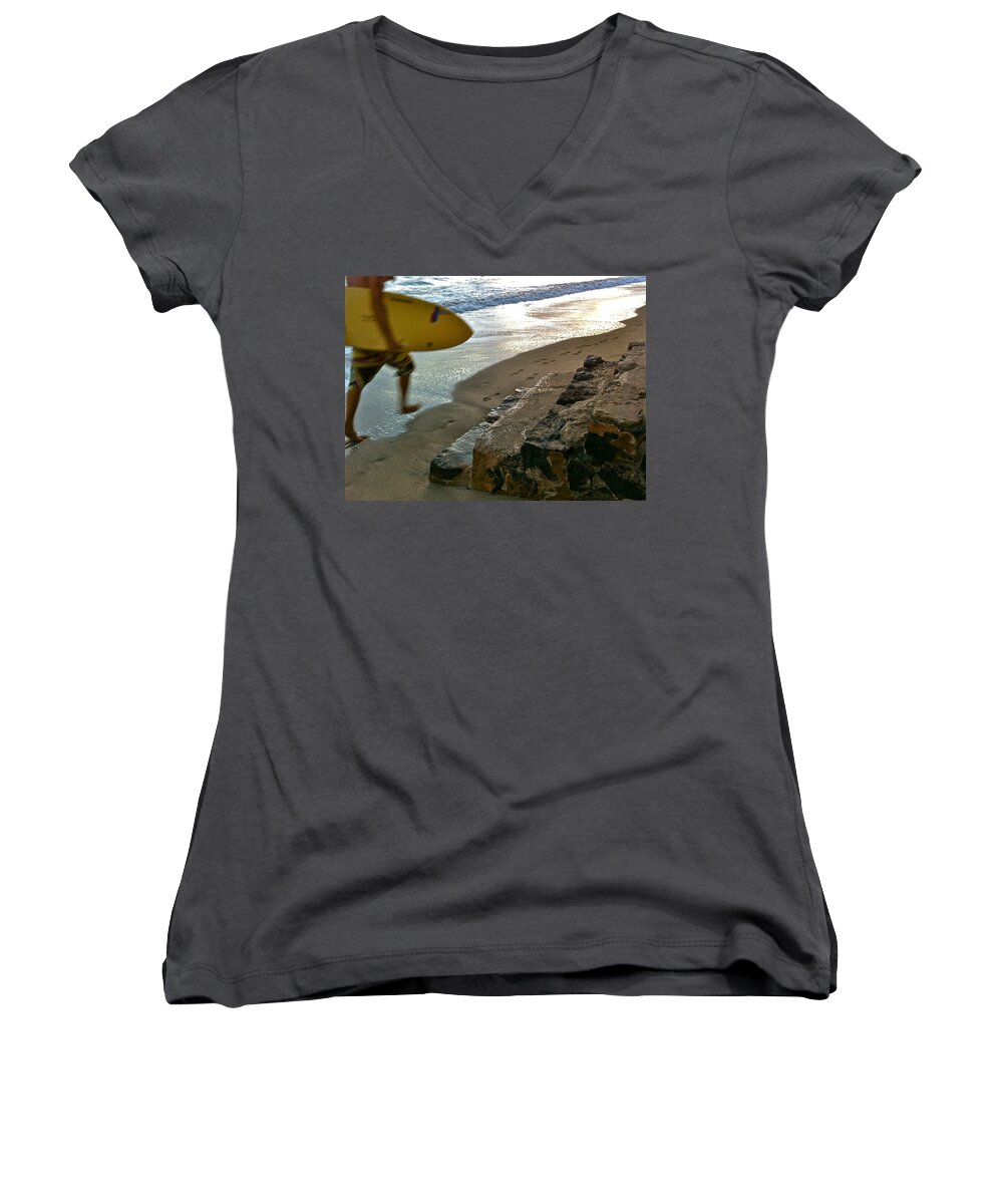 Movement Women's V-Neck featuring the photograph Surfer in Motion by Kathy Corday