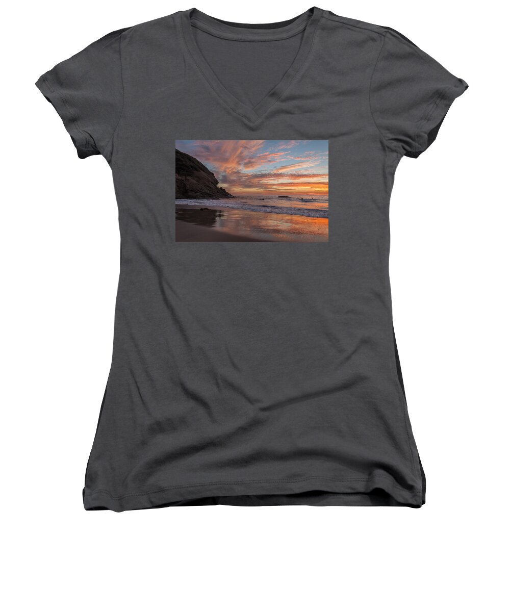 Surfers Women's V-Neck featuring the photograph Surfers and Sunset at Strands Beach Dana Point by Cliff Wassmann
