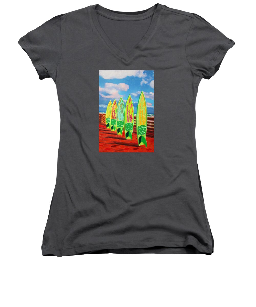 Surfboard Women's V-Neck featuring the painting Surfs Up by Deborah Boyd