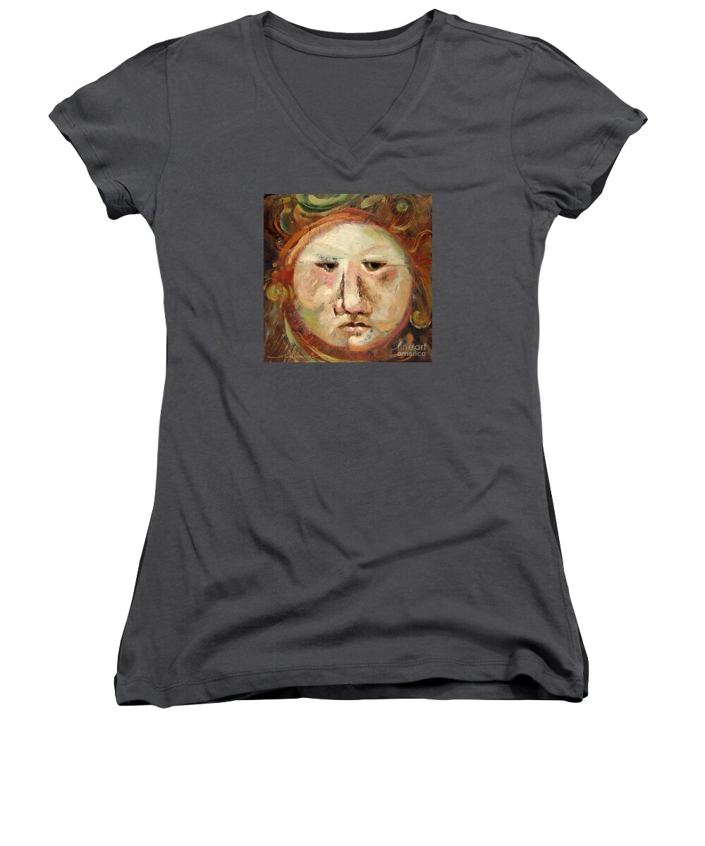 Moon Women's V-Neck featuring the painting Suspicious Moonface by Randy Wollenmann