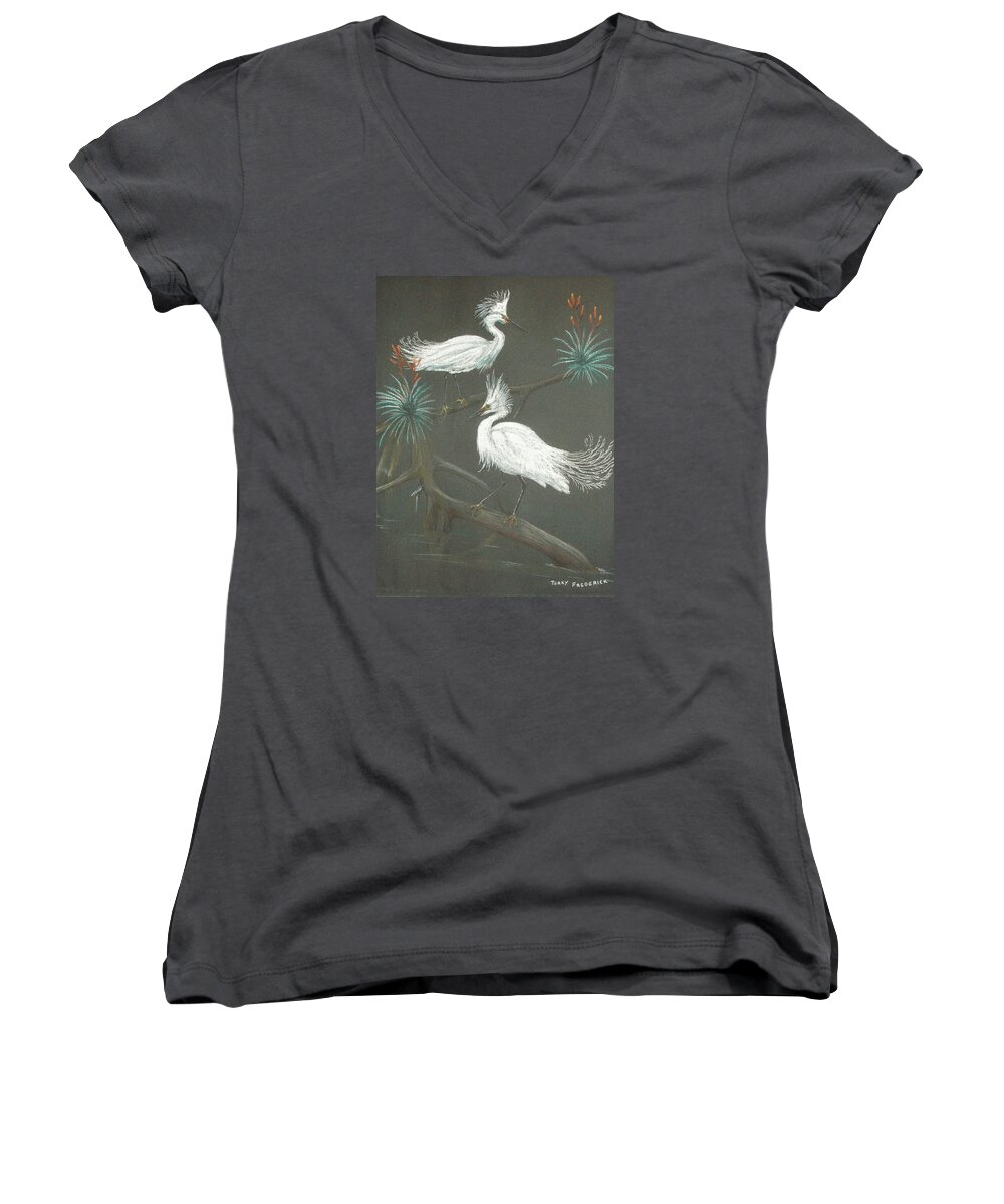 Snowy Egret Women's V-Neck featuring the pastel Swampbirds by Terry Frederick