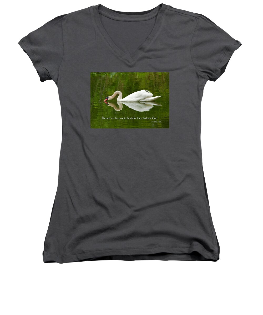 Bible Verse Greeting Cards Women's V-Neck featuring the photograph Swan Heart Bible Verse Greeting Card Original Fine Art Photograph Print as a Gift by Jerry Cowart