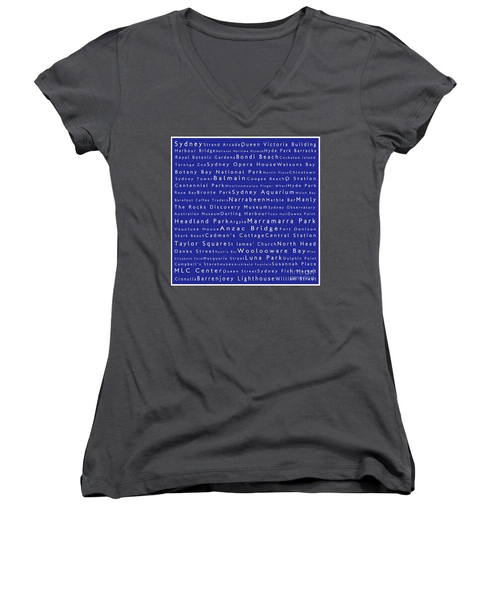 City Women's V-Neck featuring the digital art Sydney in Words Blue by Sabine Jacobs