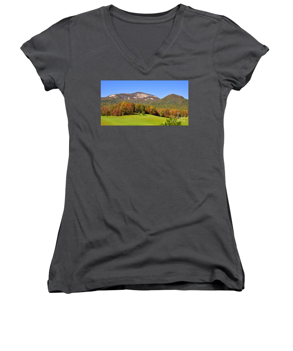 South Carolina Women's V-Neck featuring the photograph Table Rock in Autumn by Lydia Holly