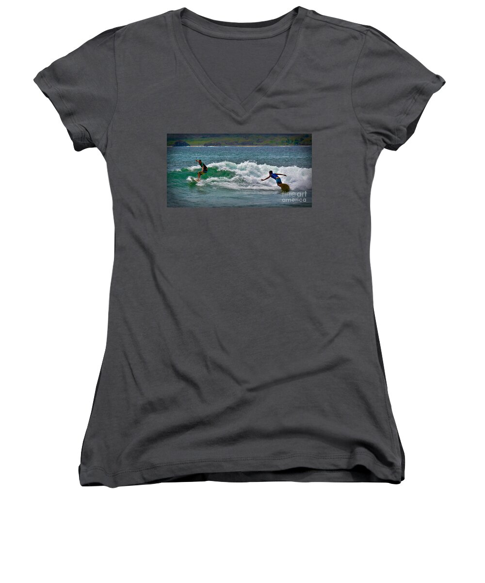 Surfing Women's V-Neck featuring the photograph Tamarindo Surfing by Gary Keesler