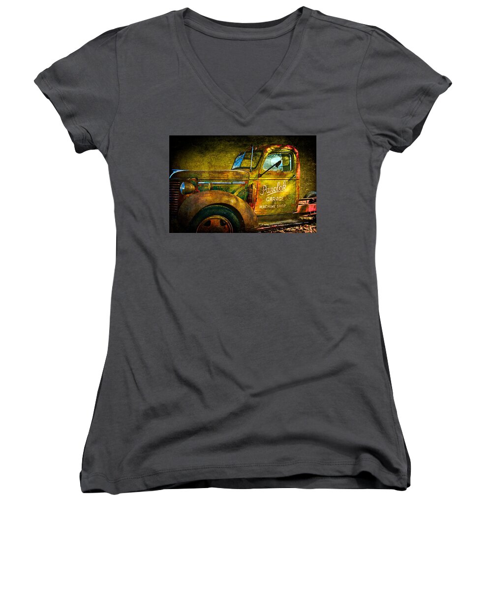 Santa Women's V-Neck featuring the photograph Taos Chevy II by Charles Muhle