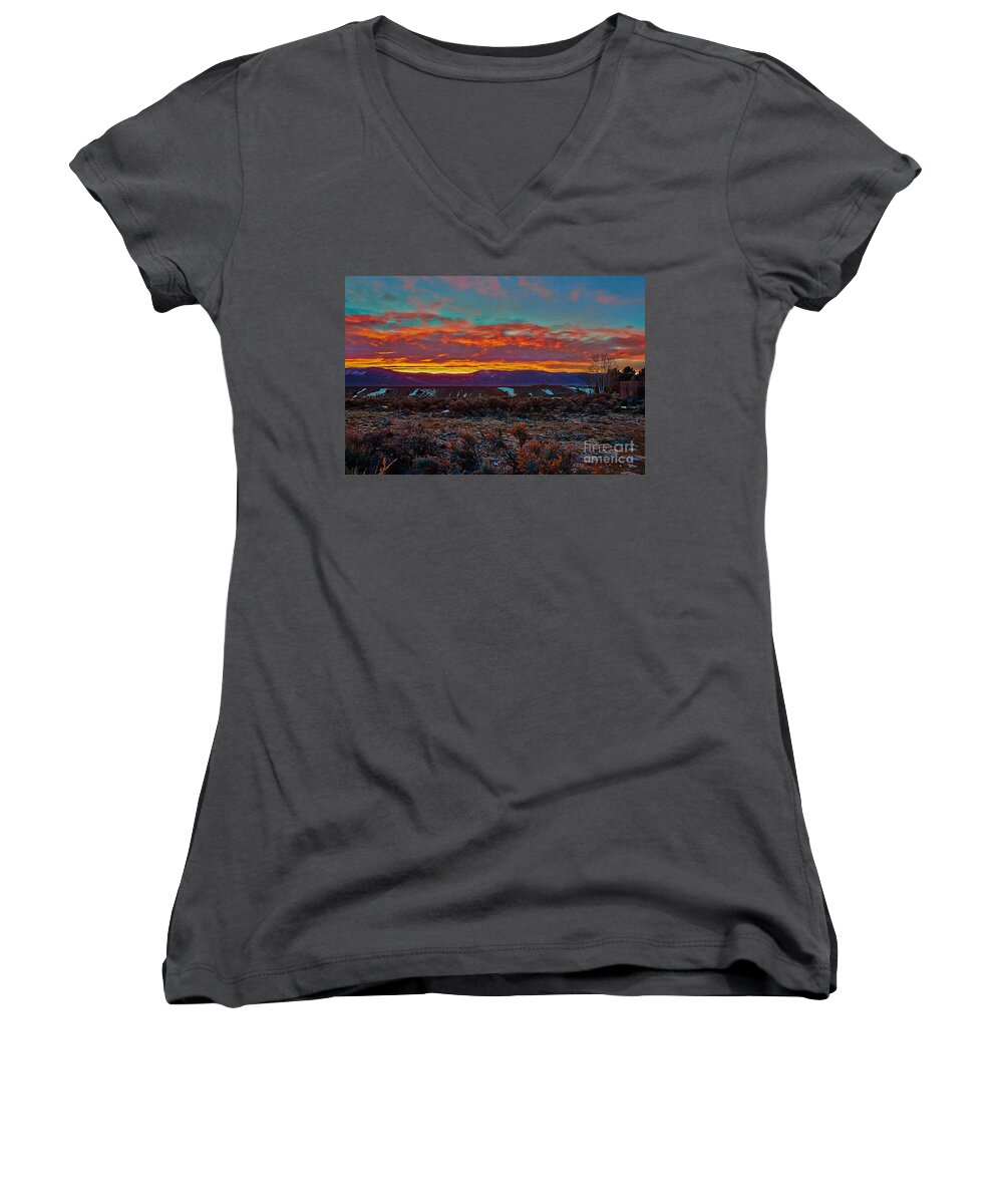 Vivid Women's V-Neck featuring the photograph Taos Sunrise by Charles Muhle
