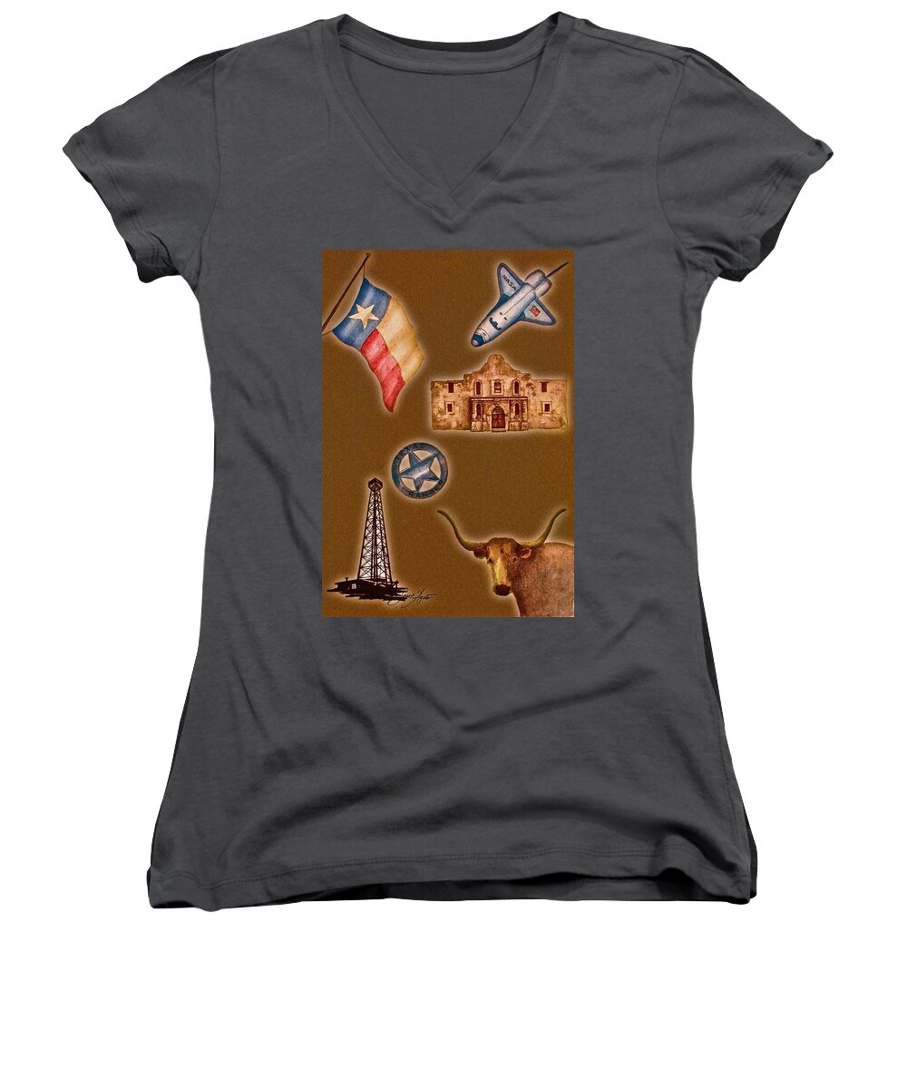 Texas Women's V-Neck featuring the painting Texas Icons Poster by Sant'Agata by Frank SantAgata
