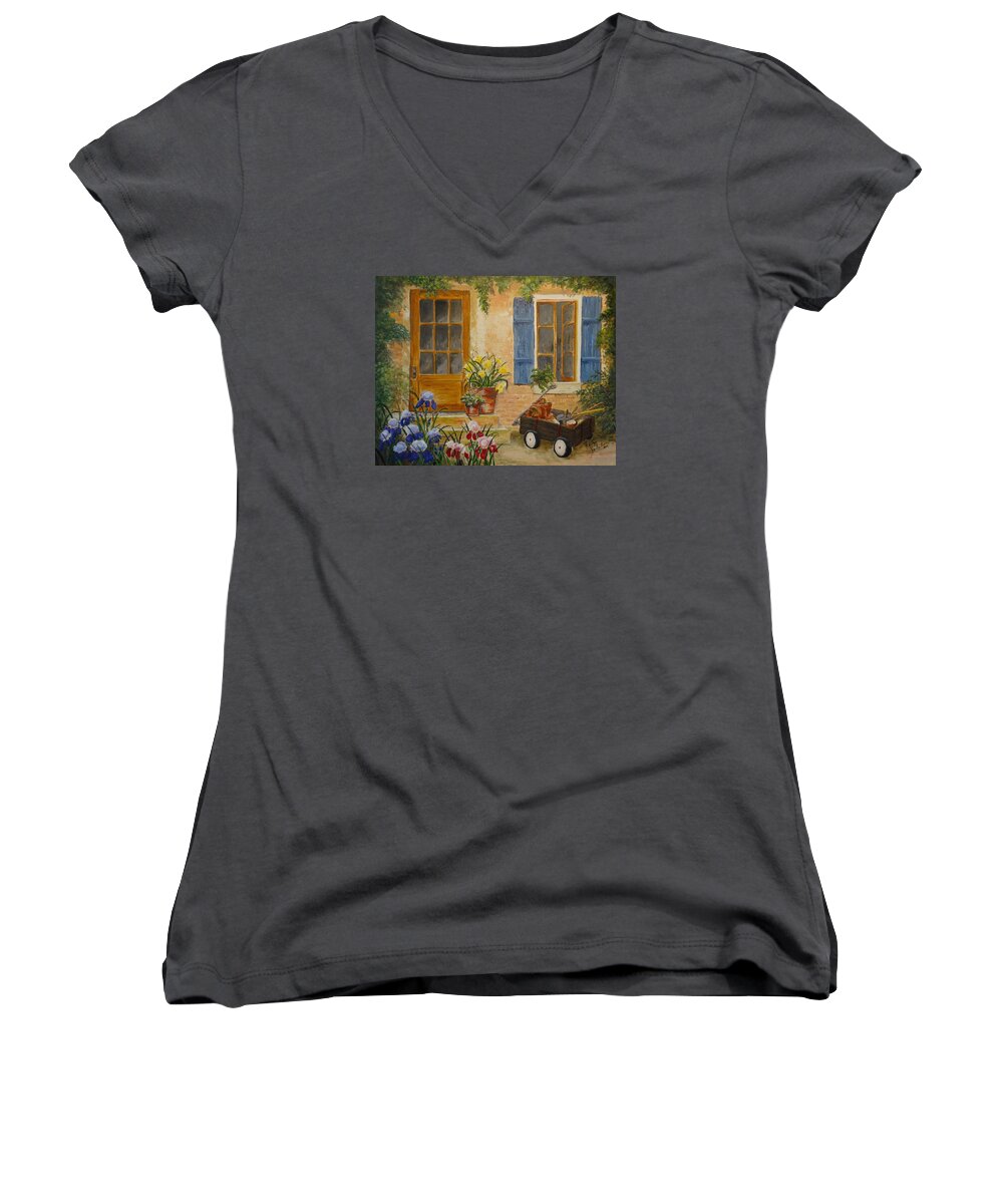 Home Women's V-Neck featuring the painting The Back Door by Marilyn Zalatan