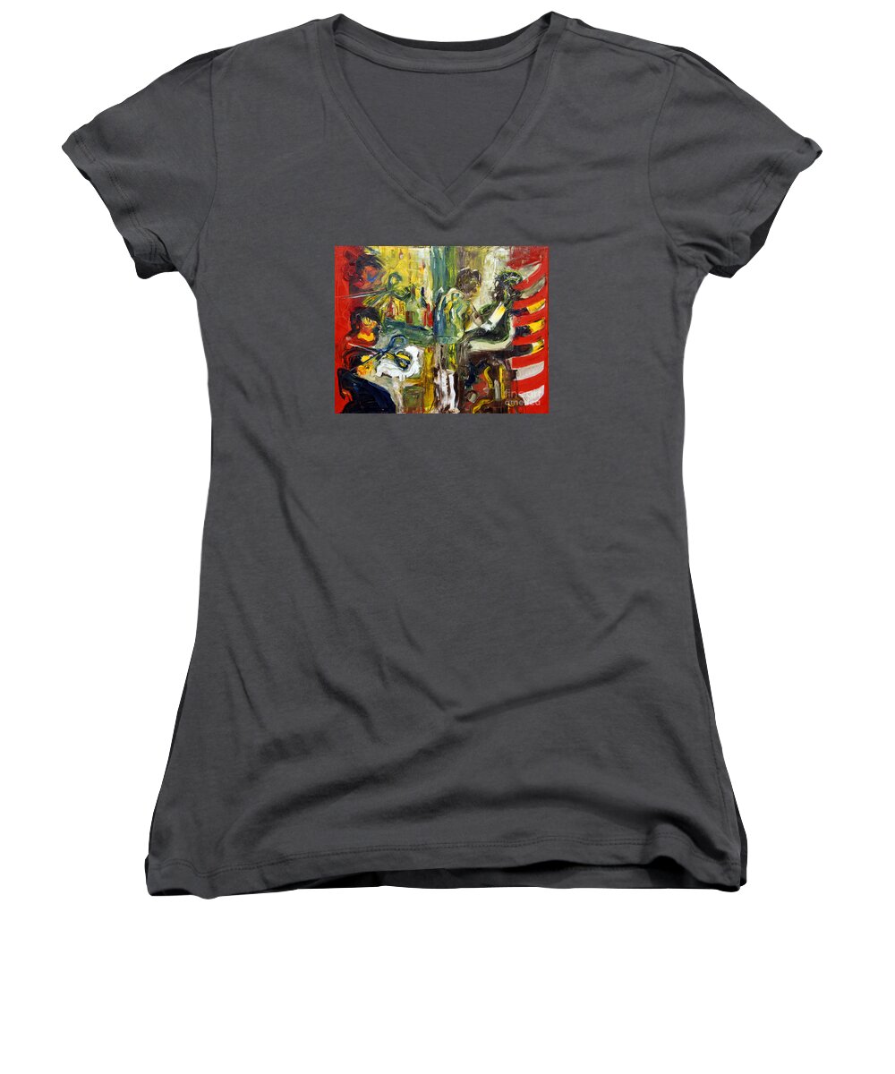 Barbers Women's V-Neck featuring the painting The Barbers Shop - 1 by James Lavott