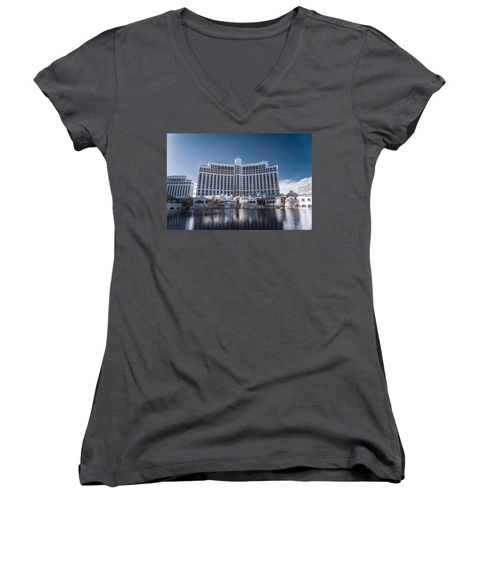 720 Nm Women's V-Neck featuring the photograph The Bellagio Hotel and Casino in Infrared by Jason Chu