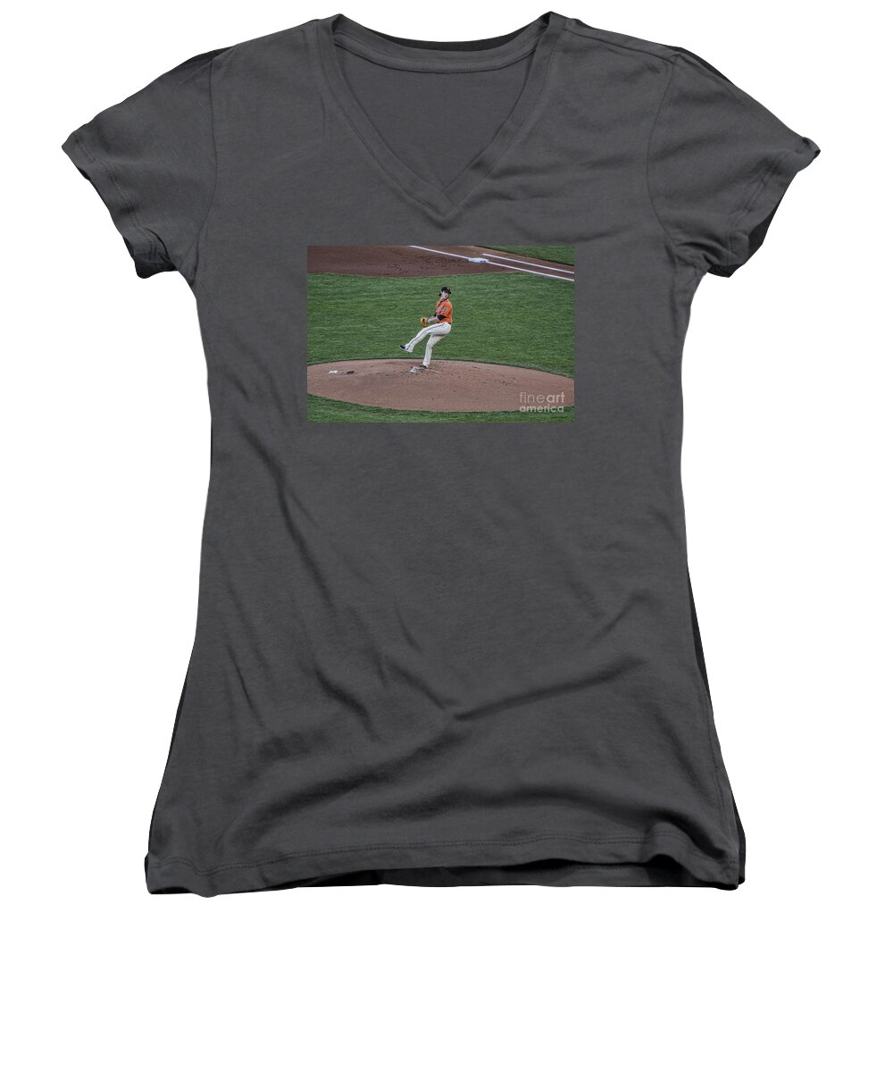  Baseball Women's V-Neck featuring the photograph The Big Pitcher by Judy Wolinsky