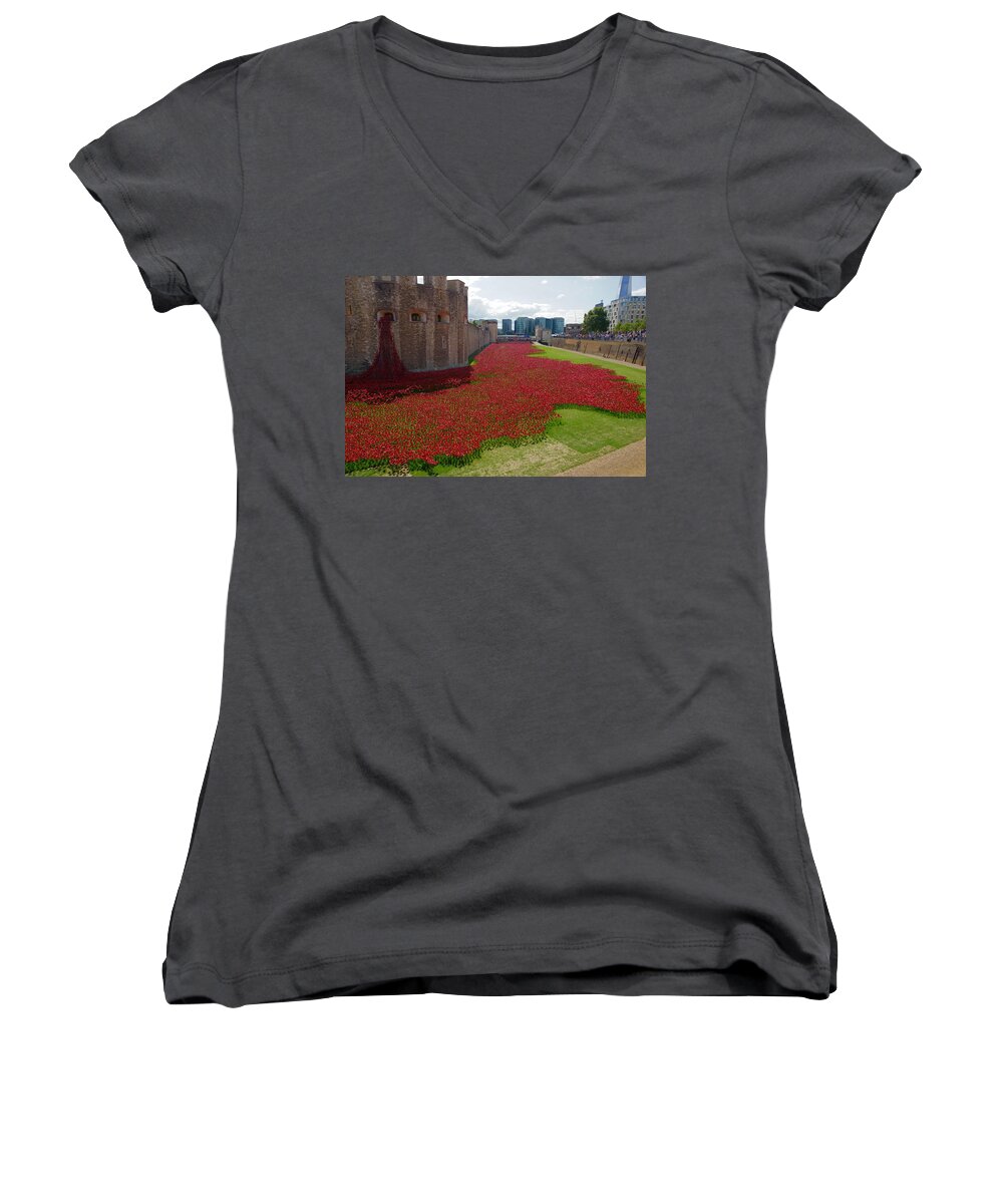 Poppy Women's V-Neck featuring the photograph The bloody tower by Ron Harpham