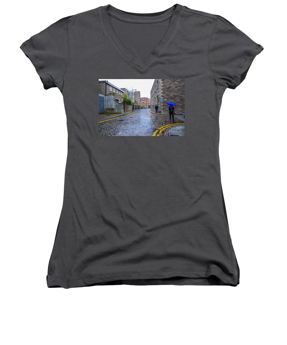 Irish Women's V-Neck featuring the photograph The Blue Umbrella by Mary Carol Story