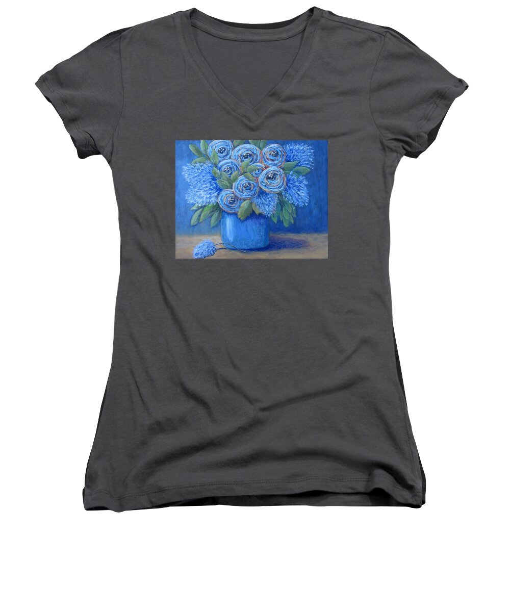 Floral Women's V-Neck featuring the painting The Blues by Suzanne Theis