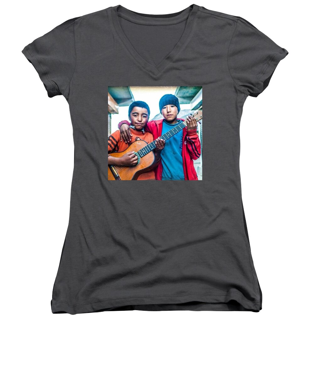 Portrait Women's V-Neck featuring the photograph The Boys In Zanskar by Aleck Cartwright