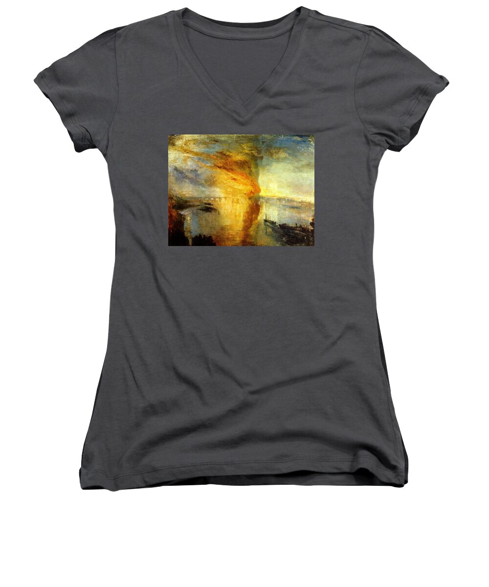 Joseph Mallord William Turner Women's V-Neck featuring the painting The Burning of the Houses of Lords and Commons by Celestial Images
