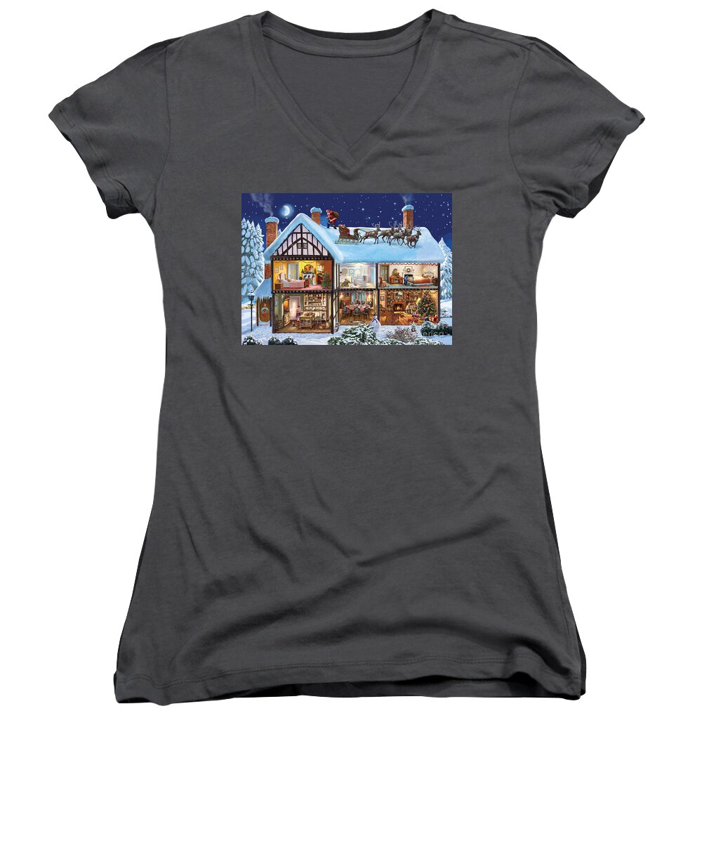 Christmas Women's V-Neck featuring the digital art Christmas House by MGL Meiklejohn Graphics Licensing