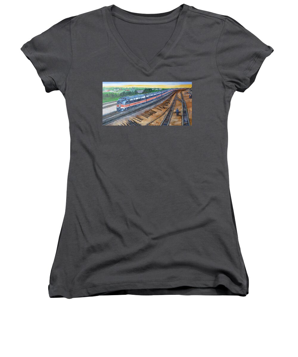 Train Women's V-Neck featuring the painting The City of New Orleans by Bryan Bustard