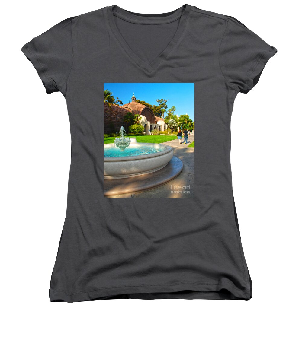Claudia's Art Dream Women's V-Neck featuring the photograph Botanical Building and Fountain at Balboa Park by Claudia Ellis