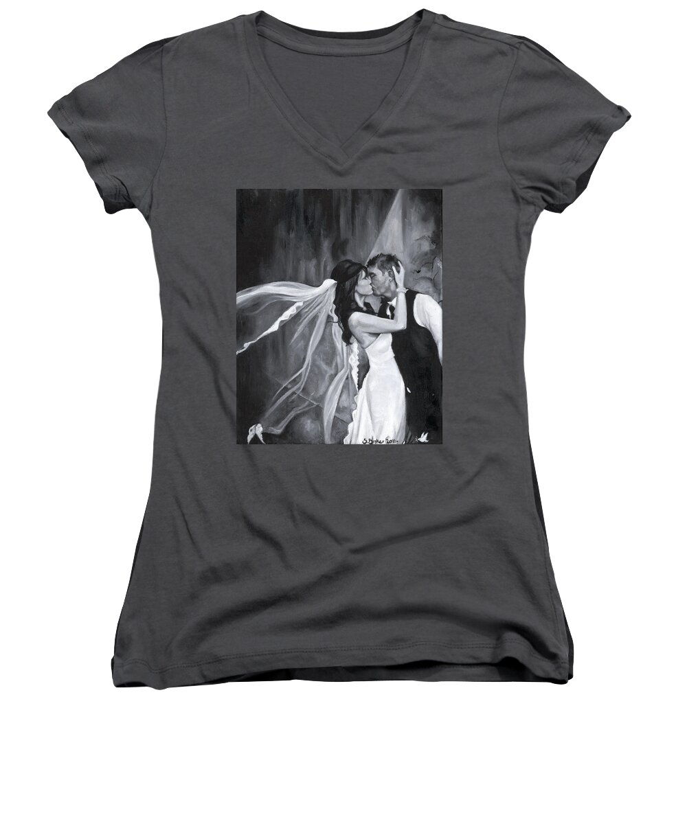 Wedding Women's V-Neck featuring the painting The Kiss by Stephanie Broker