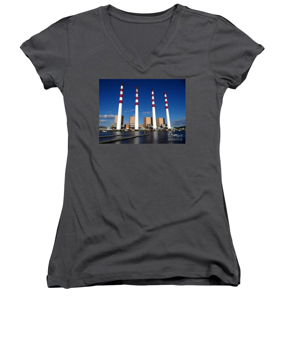 Lilco Women's V-Neck featuring the photograph The Lilco Towers by Ed Weidman